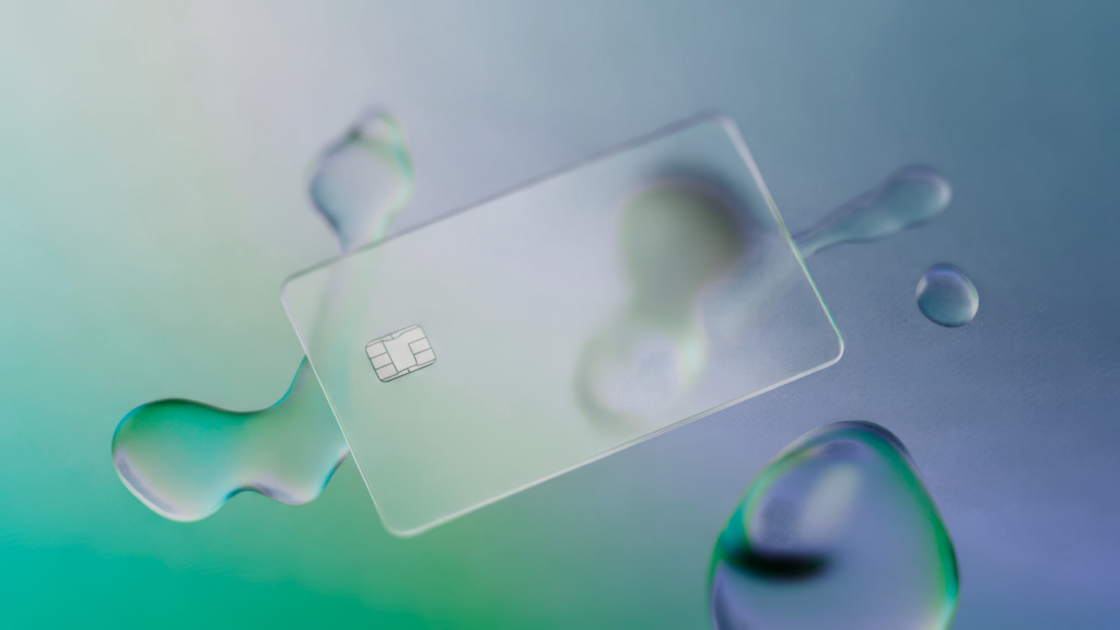 fintech graphic with translucent card on green and blue gradient background